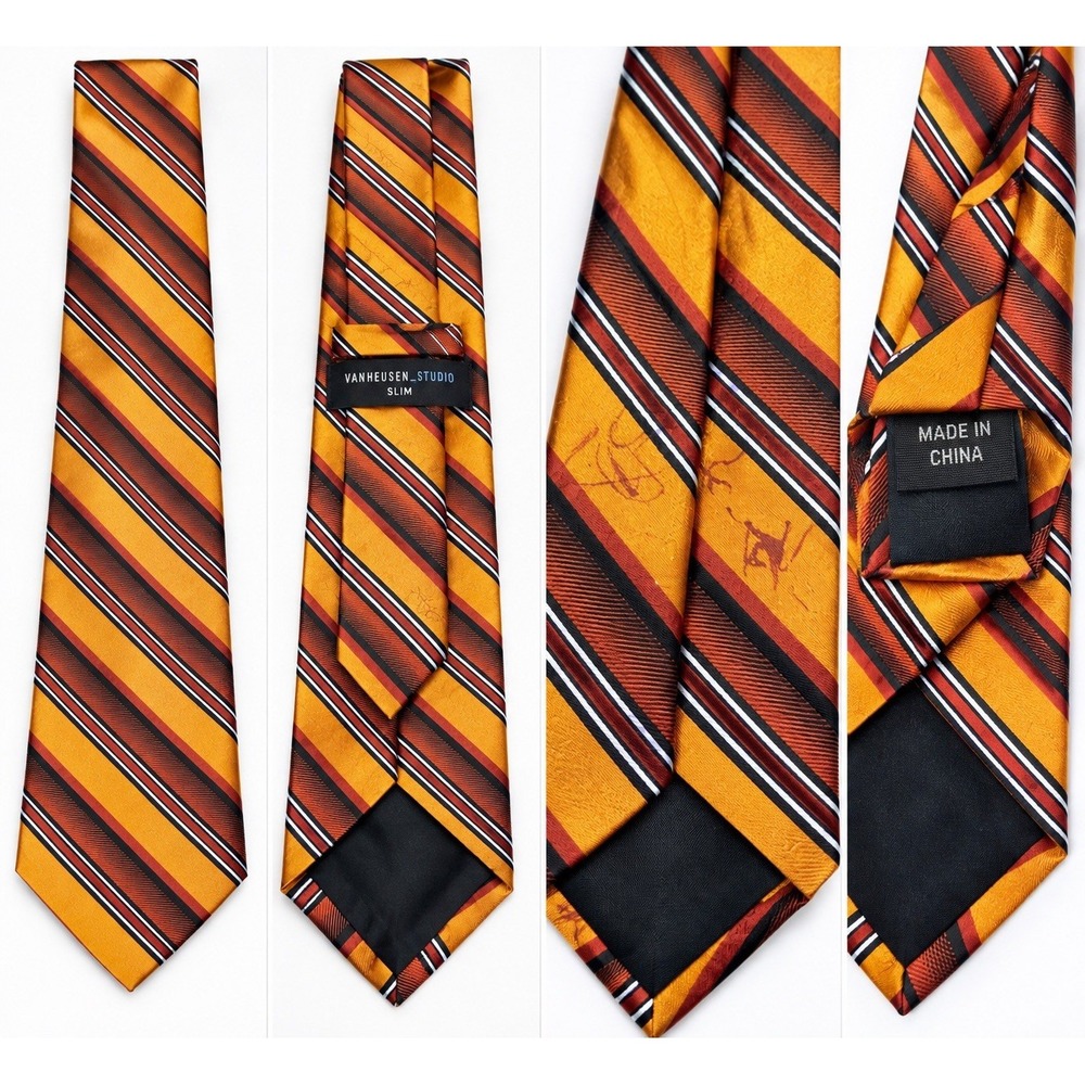Van Heusen Studio Slim Mens Tie Orange Rust Black Striped 58 x 3 Silk
